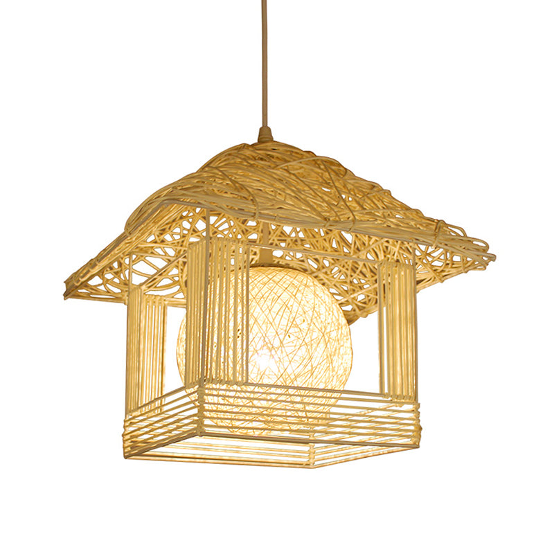 Handmade Ceiling Lamp Chinese Bamboo 1 Bulb 12"/16" Wide Beige/Coffee Pendant Lighting Fixture Clearhalo 'Ceiling Lights' 'Pendant Lights' 'Pendants' Lighting' 380576