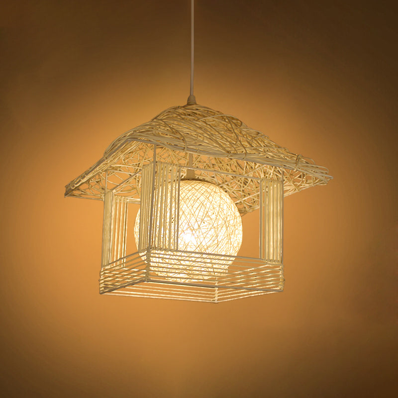 Handmade Ceiling Lamp Chinese Bamboo 1 Bulb 12"/16" Wide Beige/Coffee Pendant Lighting Fixture Clearhalo 'Ceiling Lights' 'Pendant Lights' 'Pendants' Lighting' 380577