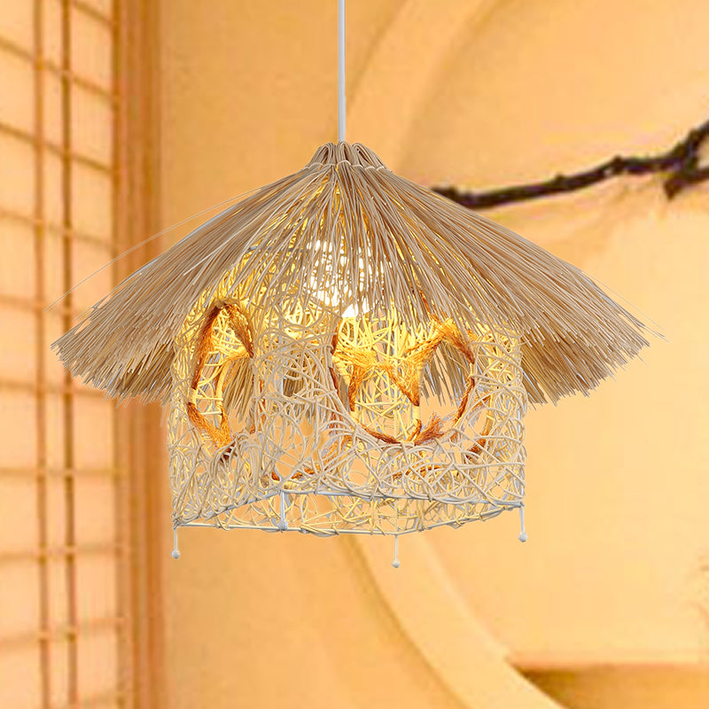 1 Head Living Room Hanging Lamp Asia Beige Ceiling Pendant Light with House Bamboo Shade Clearhalo 'Ceiling Lights' 'Pendant Lights' 'Pendants' Lighting' 380579
