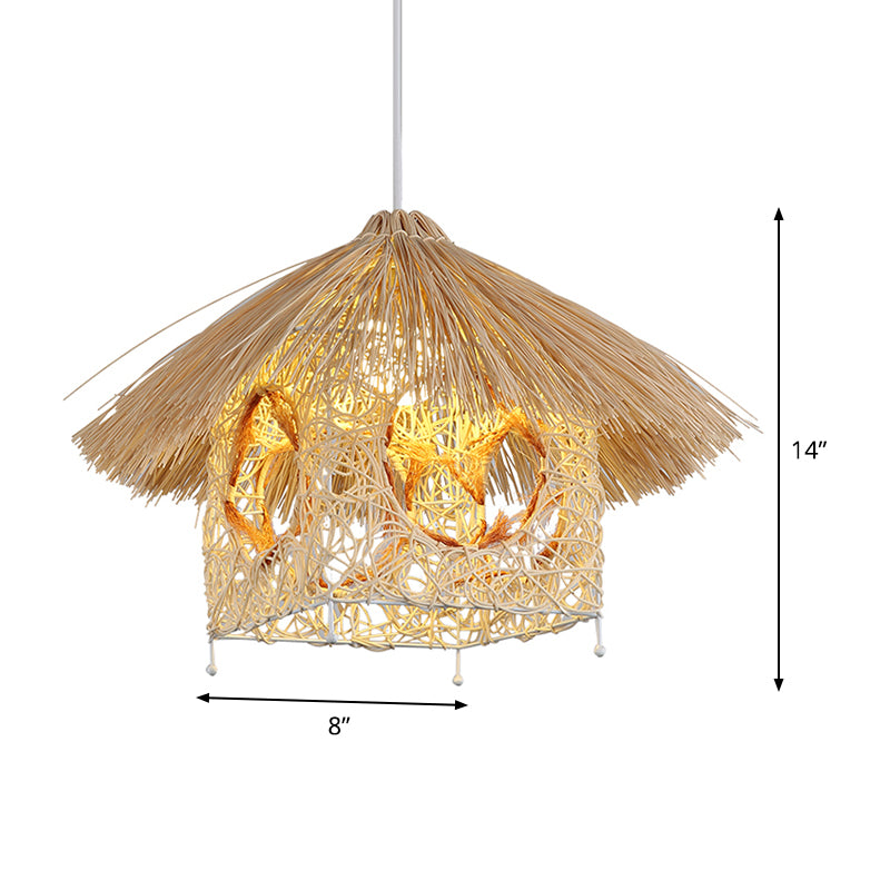 1 Head Living Room Hanging Lamp Asia Beige Ceiling Pendant Light with House Bamboo Shade Clearhalo 'Ceiling Lights' 'Pendant Lights' 'Pendants' Lighting' 380582