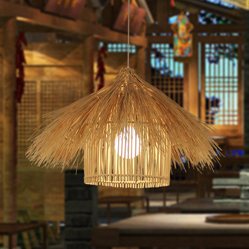 Asian 1 Head Ceiling Light Coffee/Flaxen Handcrafted Pendant Lighting Fixture with Bamboo Shade Clearhalo 'Ceiling Lights' 'Pendant Lights' 'Pendants' Lighting' 380593