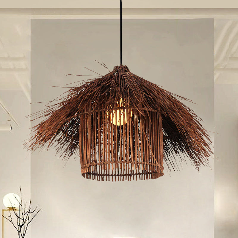 Asian 1 Head Ceiling Light Coffee/Flaxen Handcrafted Pendant Lighting Fixture with Bamboo Shade Clearhalo 'Ceiling Lights' 'Pendant Lights' 'Pendants' Lighting' 380599