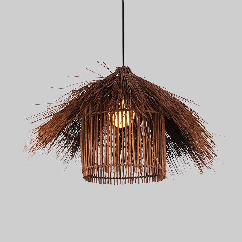 Asian 1 Head Ceiling Light Coffee/Flaxen Handcrafted Pendant Lighting Fixture with Bamboo Shade Clearhalo 'Ceiling Lights' 'Pendant Lights' 'Pendants' Lighting' 380601