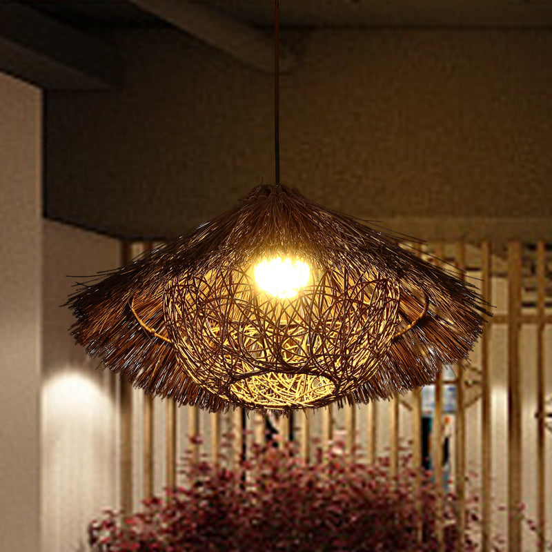 Tapered Hanging Light Chinese Rattan 1 Head Coffee Suspended Lighting Fixture, 16.5"/20.5"/24.5" Wide Clearhalo 'Ceiling Lights' 'Pendant Lights' 'Pendants' Lighting' 380620