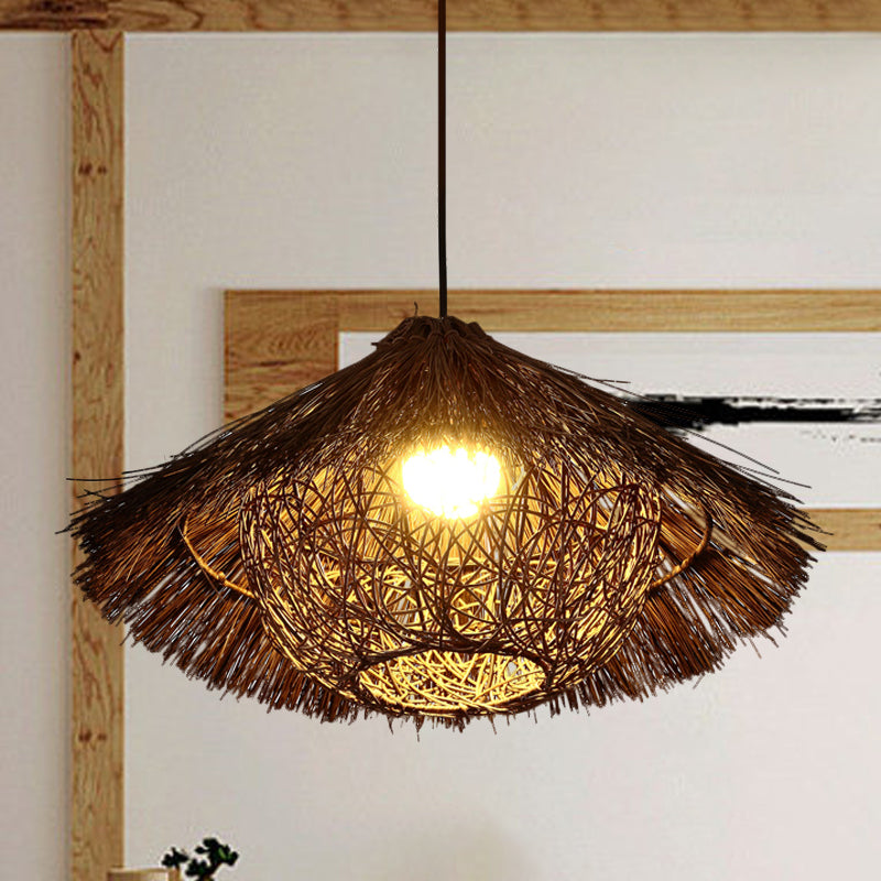 Tapered Hanging Light Chinese Rattan 1 Head Coffee Suspended Lighting Fixture, 16.5"/20.5"/24.5" Wide Clearhalo 'Ceiling Lights' 'Pendant Lights' 'Pendants' Lighting' 380621