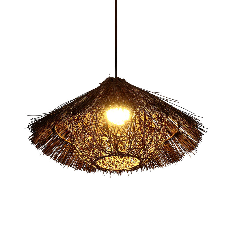 Tapered Hanging Light Chinese Rattan 1 Head Coffee Suspended Lighting Fixture, 16.5"/20.5"/24.5" Wide Clearhalo 'Ceiling Lights' 'Pendant Lights' 'Pendants' Lighting' 380622