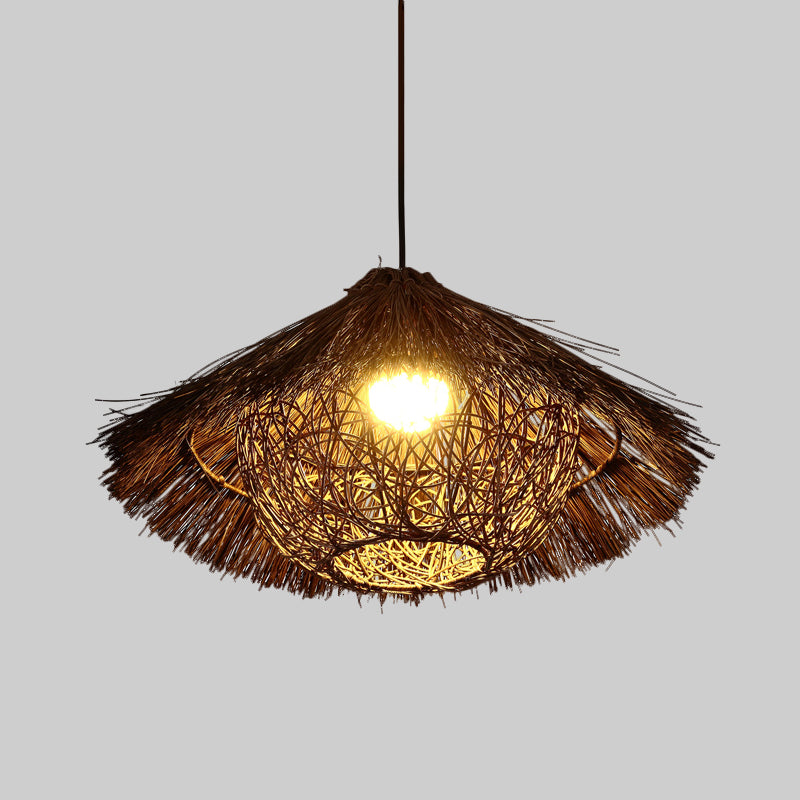 Tapered Hanging Light Chinese Rattan 1 Head Coffee Suspended Lighting Fixture, 16.5"/20.5"/24.5" Wide Clearhalo 'Ceiling Lights' 'Pendant Lights' 'Pendants' Lighting' 380623