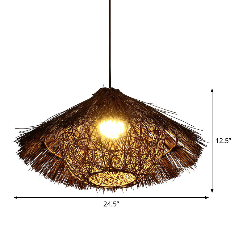 Tapered Hanging Light Chinese Rattan 1 Head Coffee Suspended Lighting Fixture, 16.5"/20.5"/24.5" Wide Clearhalo 'Ceiling Lights' 'Pendant Lights' 'Pendants' Lighting' 380626