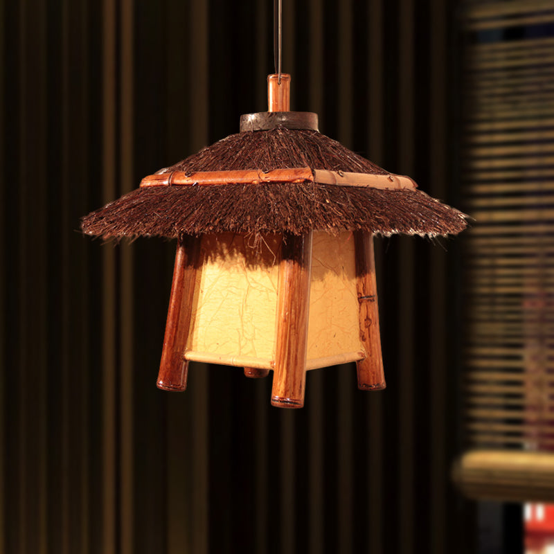 Japanese Hand-Worked Pendant Lighting Wood 1 Bulb Ceiling Suspension Lamp in Brown Clearhalo 'Ceiling Lights' 'Pendant Lights' 'Pendants' Lighting' 380632