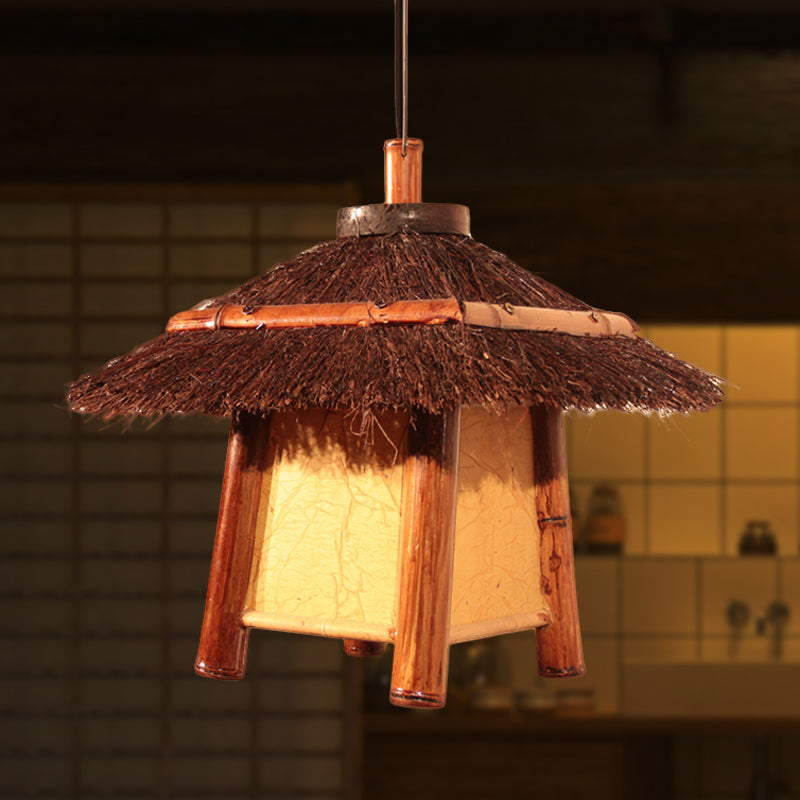 Japanese Hand-Worked Pendant Lighting Wood 1 Bulb Ceiling Suspension Lamp in Brown Clearhalo 'Ceiling Lights' 'Pendant Lights' 'Pendants' Lighting' 380633