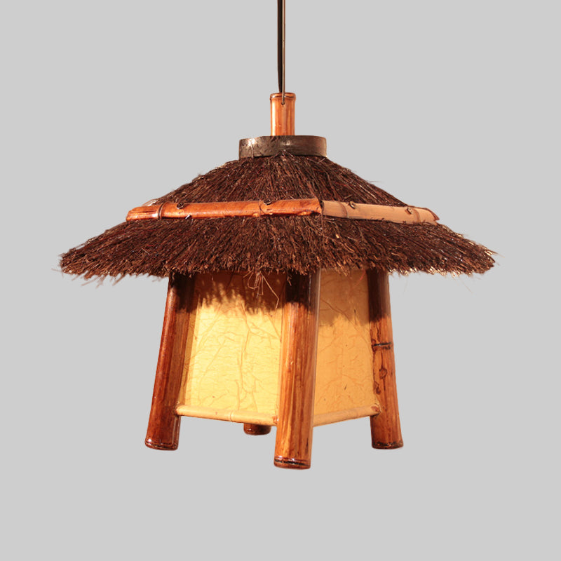 Japanese Hand-Worked Pendant Lighting Wood 1 Bulb Ceiling Suspension Lamp in Brown Clearhalo 'Ceiling Lights' 'Pendant Lights' 'Pendants' Lighting' 380635