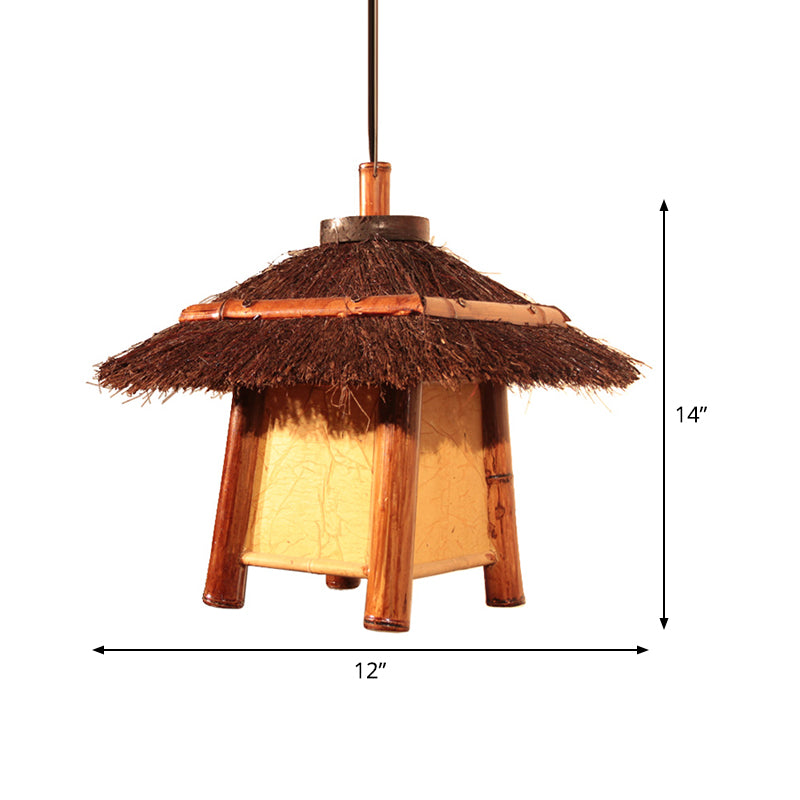 Japanese Hand-Worked Pendant Lighting Wood 1 Bulb Ceiling Suspension Lamp in Brown Clearhalo 'Ceiling Lights' 'Pendant Lights' 'Pendants' Lighting' 380636