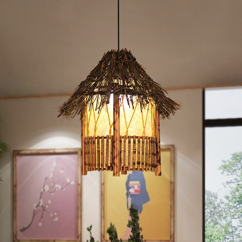 1 Head Handcrafted Pendant Light Chinese Wood Suspended Lighting Fixture in Brown Clearhalo 'Ceiling Lights' 'Pendant Lights' 'Pendants' Lighting' 380637