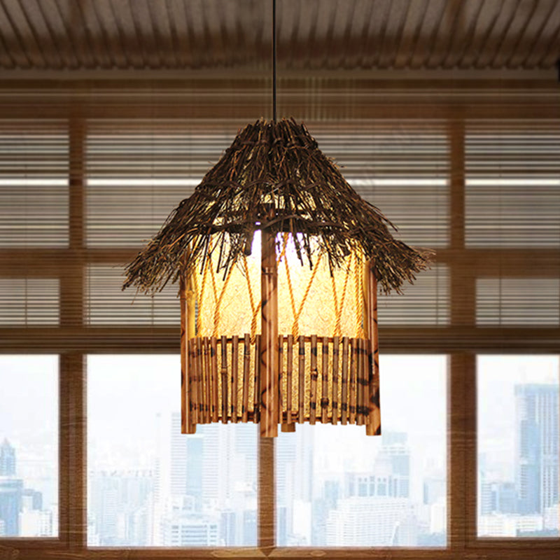 1 Head Handcrafted Pendant Light Chinese Wood Suspended Lighting Fixture in Brown Clearhalo 'Ceiling Lights' 'Pendant Lights' 'Pendants' Lighting' 380638