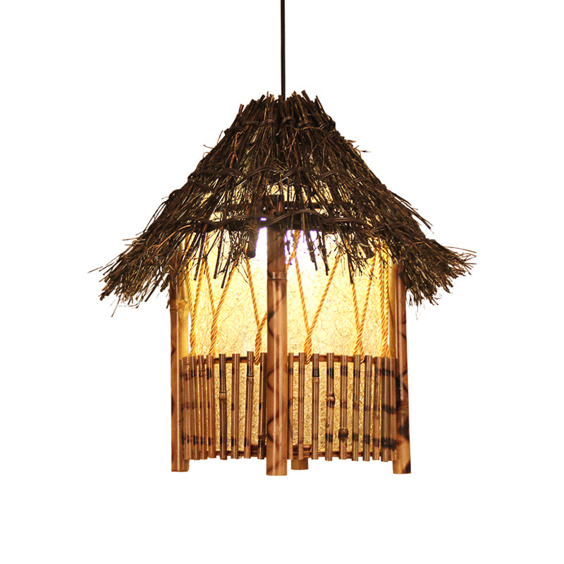 1 Head Handcrafted Pendant Light Chinese Wood Suspended Lighting Fixture in Brown Clearhalo 'Ceiling Lights' 'Pendant Lights' 'Pendants' Lighting' 380639