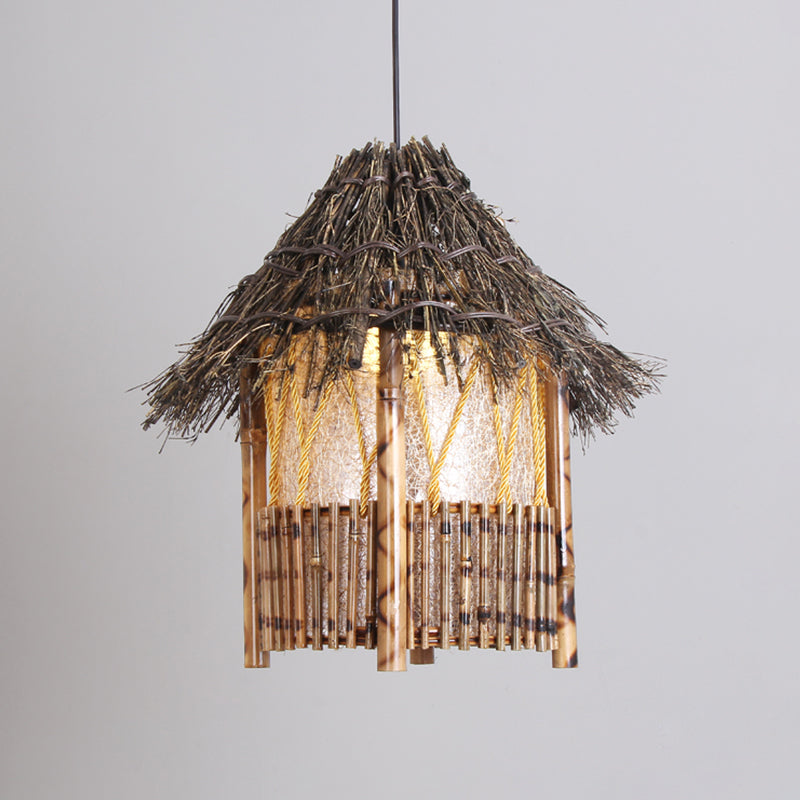 1 Head Handcrafted Pendant Light Chinese Wood Suspended Lighting Fixture in Brown Clearhalo 'Ceiling Lights' 'Pendant Lights' 'Pendants' Lighting' 380640