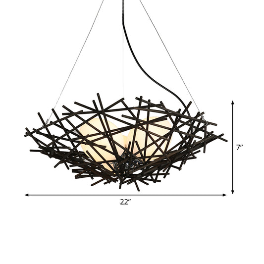 Nest Chandelier Lighting Japanese Bamboo 18"/22" Wide 3 Bulbs Coffee Ceiling Suspension Lamp Clearhalo 'Ceiling Lights' 'Chandeliers' Lighting' options 380659