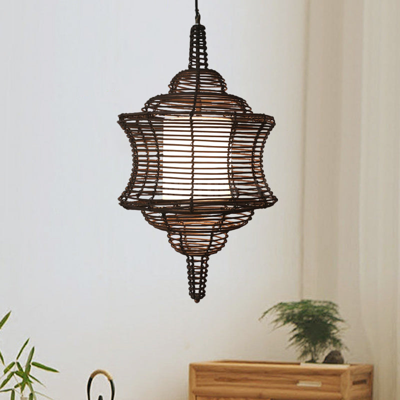 Curvy Ceiling Lamp Asia Rattan 1 Bulb Coffee Hanging Pendant Light with Inner White Tubular Shade Clearhalo 'Ceiling Lights' 'Pendant Lights' 'Pendants' Lighting' 380660