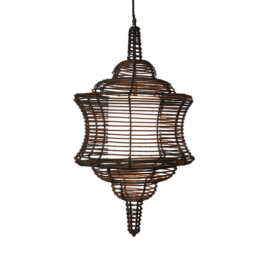 Curvy Ceiling Lamp Asia Rattan 1 Bulb Coffee Hanging Pendant Light with Inner White Tubular Shade Clearhalo 'Ceiling Lights' 'Pendant Lights' 'Pendants' Lighting' 380662