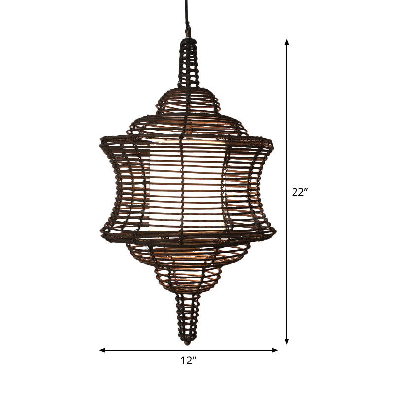 Curvy Ceiling Lamp Asia Rattan 1 Bulb Coffee Hanging Pendant Light with Inner White Tubular Shade Clearhalo 'Ceiling Lights' 'Pendant Lights' 'Pendants' Lighting' 380664