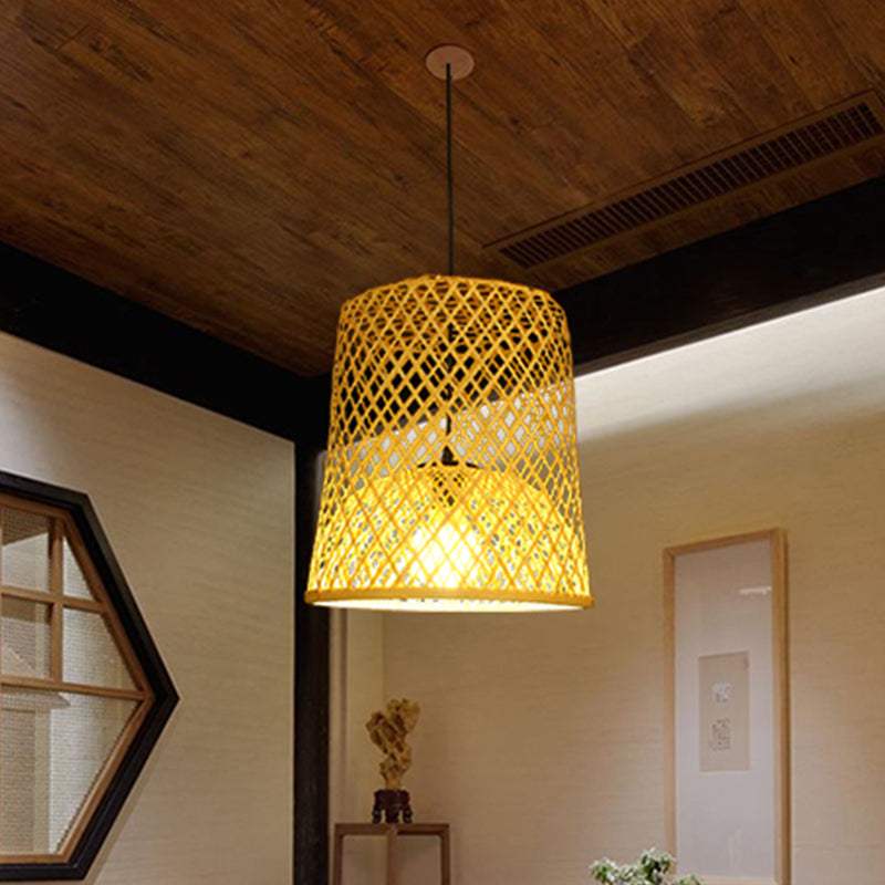 Barrel Bamboo Ceiling Lamp Asian 1 Head Beige Pendant Lighting Fixture for Restaurant Clearhalo 'Ceiling Lights' 'Pendant Lights' 'Pendants' Lighting' 380752