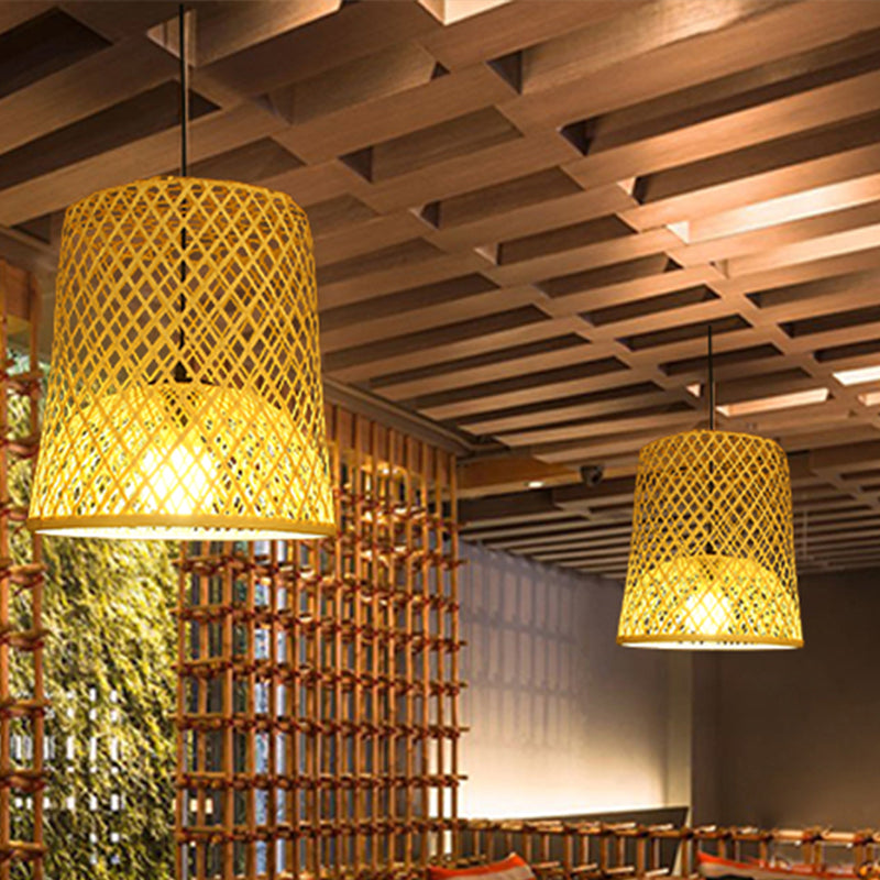 Barrel Bamboo Ceiling Lamp Asian 1 Head Beige Pendant Lighting Fixture for Restaurant Clearhalo 'Ceiling Lights' 'Pendant Lights' 'Pendants' Lighting' 380753