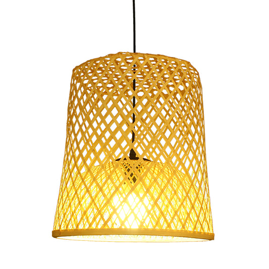 Barrel Bamboo Ceiling Lamp Asian 1 Head Beige Pendant Lighting Fixture for Restaurant Clearhalo 'Ceiling Lights' 'Pendant Lights' 'Pendants' Lighting' 380754