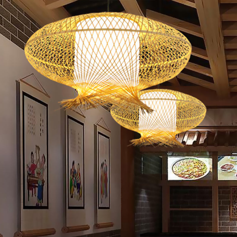 Oval Pendant Lamp Asia Bamboo 1 Bulb Khaki Ceiling Hanging Light with Inner Cylinder White Shade Clearhalo 'Ceiling Lights' 'Pendant Lights' 'Pendants' Lighting' 380772