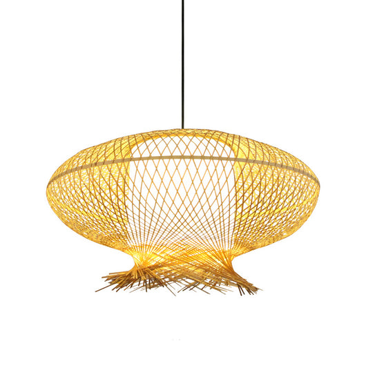 Oval Pendant Lamp Asia Bamboo 1 Bulb Khaki Ceiling Hanging Light with Inner Cylinder White Shade Clearhalo 'Ceiling Lights' 'Pendant Lights' 'Pendants' Lighting' 380774