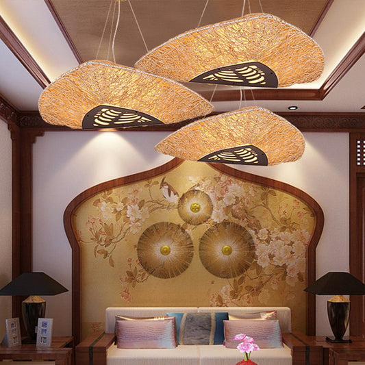 Hand-Worked Ceiling Chandelier Japanese Bamboo 3 Heads Hanging Pendant Light in Beige Clearhalo 'Ceiling Lights' 'Chandeliers' Lighting' options 380783