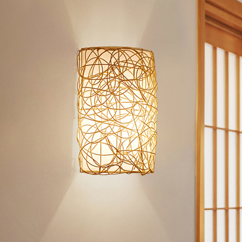 1 Head Half-Cylinder Sconce Japanese Rattan Wall Mounted Light Fixture in White White Clearhalo 'Wall Lamps & Sconces' 'Wall Lights' Lighting' 380815