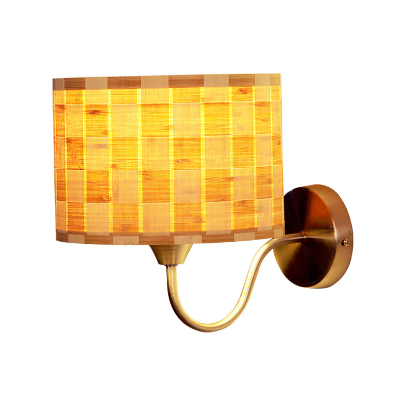 Wood Drum Wall Lighting Chinese 1 Head Beige Sconce Light Fixture with Metal Curved Arm Clearhalo 'Wall Lamps & Sconces' 'Wall Lights' Lighting' 380823