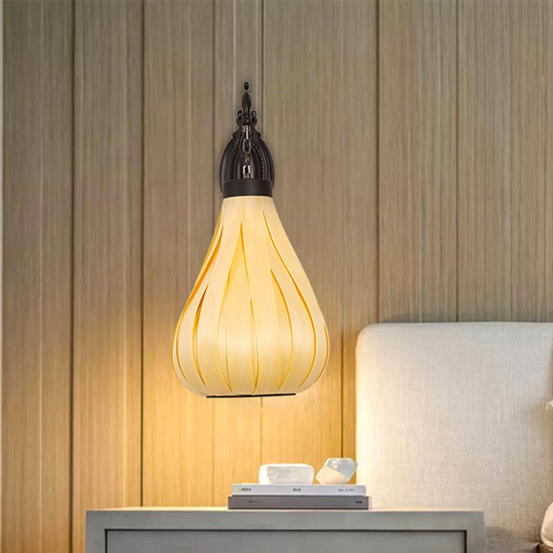 Japanese 1 Bulb Sconce Light Beige Teardrop Wall Mounted Lighting with Wood Shade Beige Clearhalo 'Wall Lamps & Sconces' 'Wall Lights' Lighting' 380825