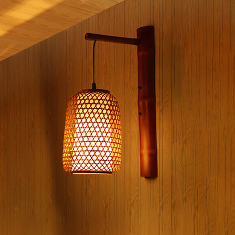 Handmade Bamboo Sconce Asia 1 Bulb Red Brown Wall Mount Light Fixture with Inner Tubular White Parchment Shade Red Brown Clearhalo 'Wall Lamps & Sconces' 'Wall Lights' Lighting' 380830