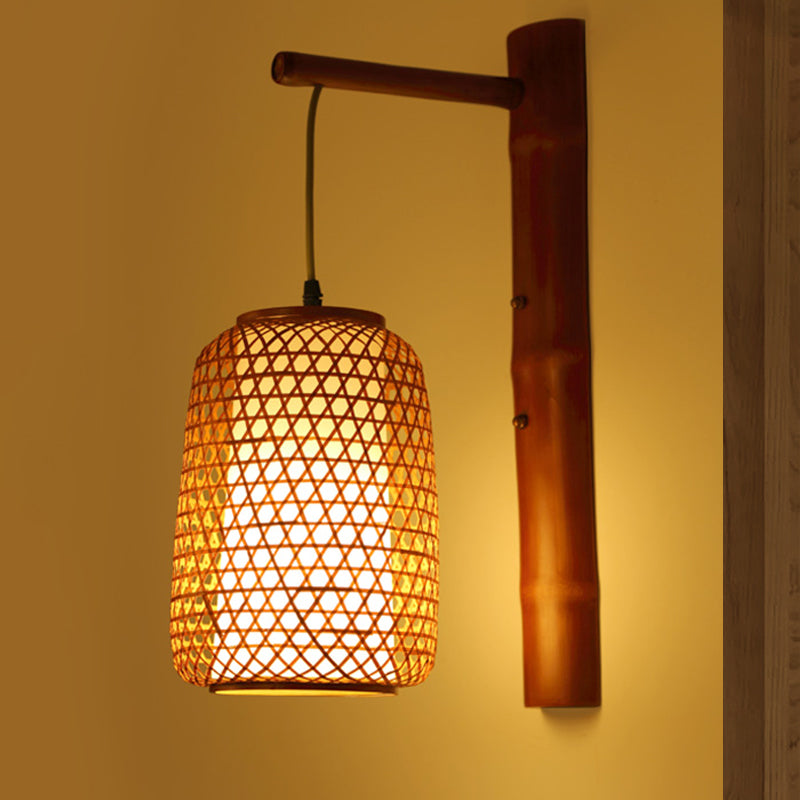 Handmade Bamboo Sconce Asia 1 Bulb Red Brown Wall Mount Light Fixture with Inner Tubular White Parchment Shade Clearhalo 'Wall Lamps & Sconces' 'Wall Lights' Lighting' 380831