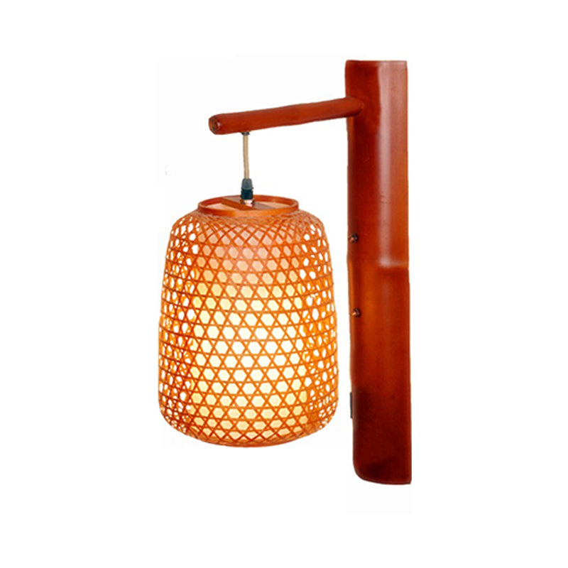 Handmade Bamboo Sconce Asia 1 Bulb Red Brown Wall Mount Light Fixture with Inner Tubular White Parchment Shade Clearhalo 'Wall Lamps & Sconces' 'Wall Lights' Lighting' 380833