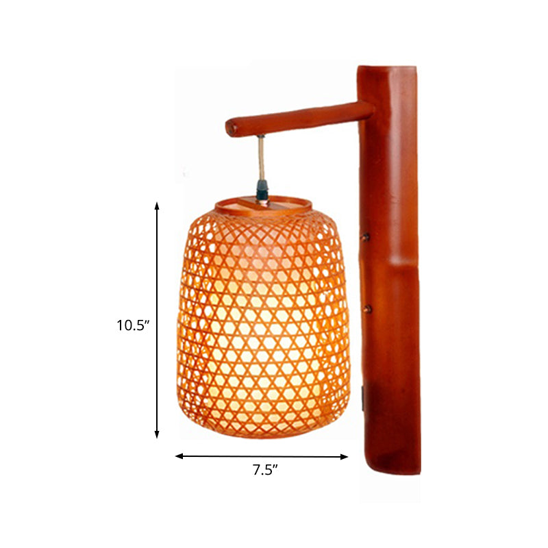 Handmade Bamboo Sconce Asia 1 Bulb Red Brown Wall Mount Light Fixture with Inner Tubular White Parchment Shade Clearhalo 'Wall Lamps & Sconces' 'Wall Lights' Lighting' 380834