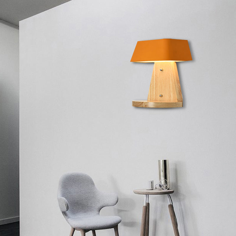 Trapezoid Wall Light Fixture with Wooden Backplate Modern Metal 1 Light Wall Sconce in White/Orange/Blue for Living Room Orange Clearhalo 'Modern wall lights' 'Modern' 'Vanity Lights' 'Wall Lights' Lighting' 380835