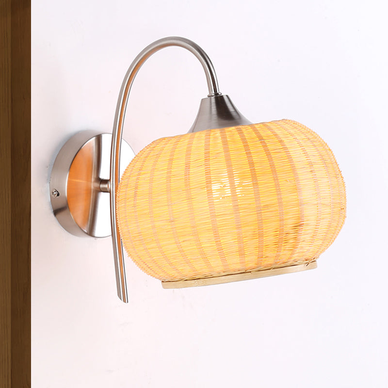 Beige Pumpkin Wall Lighting Asian 1 Head Bamboo Sconce Light Fixture with Metal Curvy Arm Clearhalo 'Wall Lamps & Sconces' 'Wall Lights' Lighting' 380844