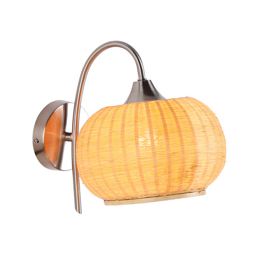 Beige Pumpkin Wall Lighting Asian 1 Head Bamboo Sconce Light Fixture with Metal Curvy Arm Clearhalo 'Wall Lamps & Sconces' 'Wall Lights' Lighting' 380846