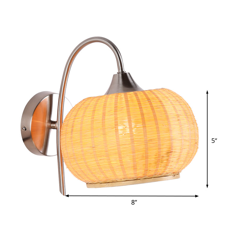 Beige Pumpkin Wall Lighting Asian 1 Head Bamboo Sconce Light Fixture with Metal Curvy Arm Clearhalo 'Wall Lamps & Sconces' 'Wall Lights' Lighting' 380847