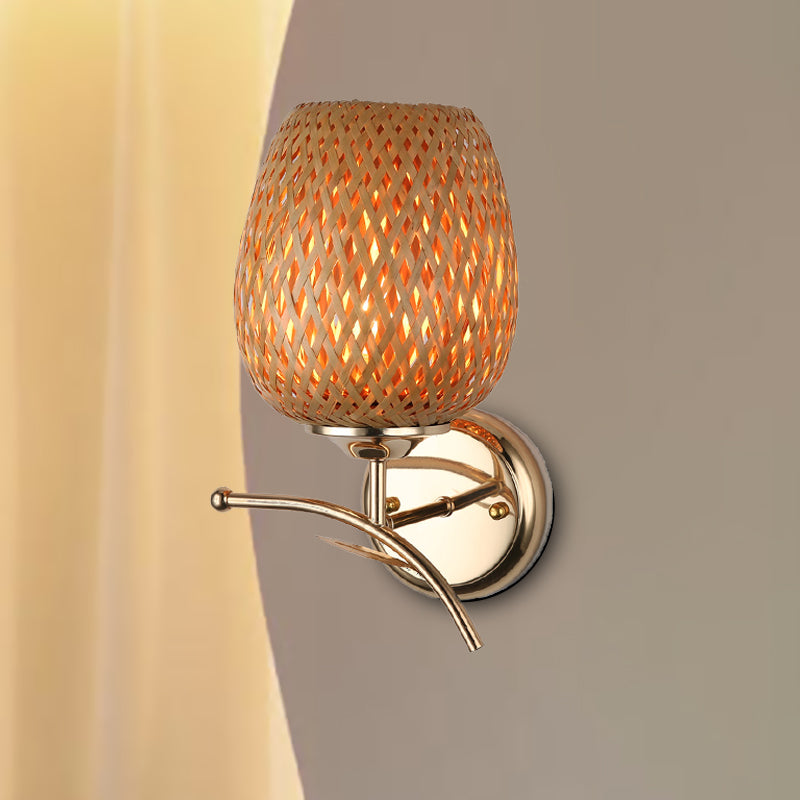 Japanese Hand-Worked Sconce Light Bamboo 1 Bulb Wall Mount Lighting in Brown for Stairway Brown Clearhalo 'Wall Lamps & Sconces' 'Wall Lights' Lighting' 380848