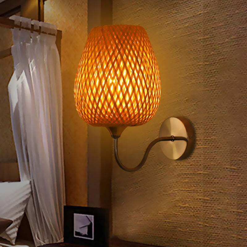1 Head Dining Room Wall Lamp Chinese Khaki Sconce Light Fixture with Basket Bamboo Shade Khaki Clearhalo 'Wall Lamps & Sconces' 'Wall Lights' Lighting' 380853