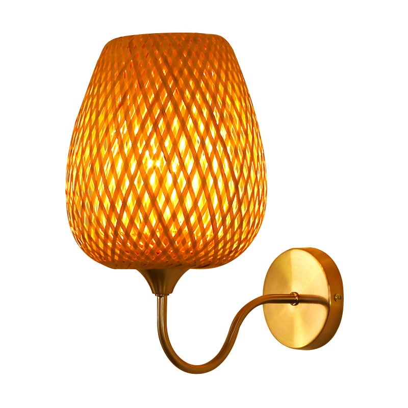 1 Head Dining Room Wall Lamp Chinese Khaki Sconce Light Fixture with Basket Bamboo Shade Clearhalo 'Wall Lamps & Sconces' 'Wall Lights' Lighting' 380856