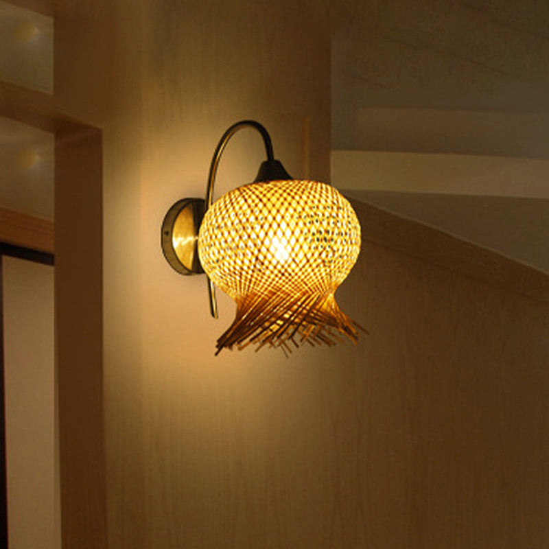 Bamboo Hand Woven Sconce Asia 1 Head Wall Mount Lamp in Flaxen with Metal Goosenesk Arm Clearhalo 'Wall Lamps & Sconces' 'Wall Lights' Lighting' 380860