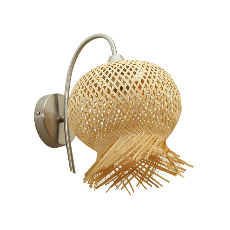 Bamboo Hand Woven Sconce Asia 1 Head Wall Mount Lamp in Flaxen with Metal Goosenesk Arm Clearhalo 'Wall Lamps & Sconces' 'Wall Lights' Lighting' 380861