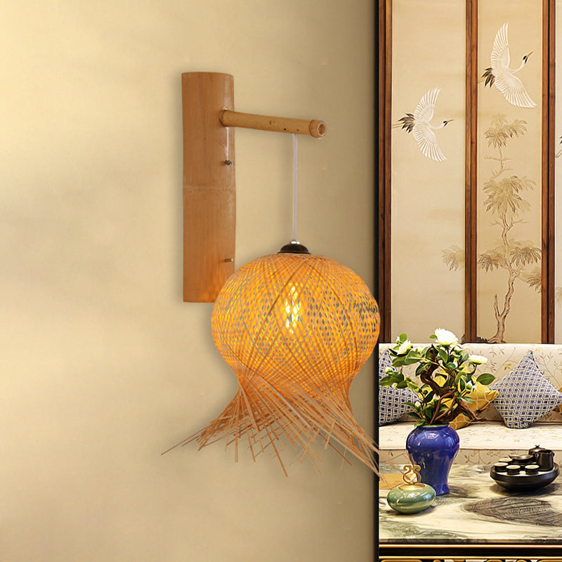 Lantern Sconce Light Chinese Bamboo 1 Bulb Wall Mounted Lamp in Flaxen for Teahouse Flaxen Clearhalo 'Wall Lamps & Sconces' 'Wall Lights' Lighting' 380863