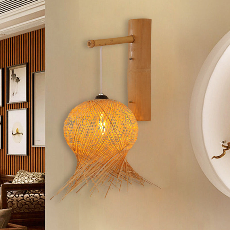 Lantern Sconce Light Chinese Bamboo 1 Bulb Wall Mounted Lamp in Flaxen for Teahouse Clearhalo 'Wall Lamps & Sconces' 'Wall Lights' Lighting' 380864