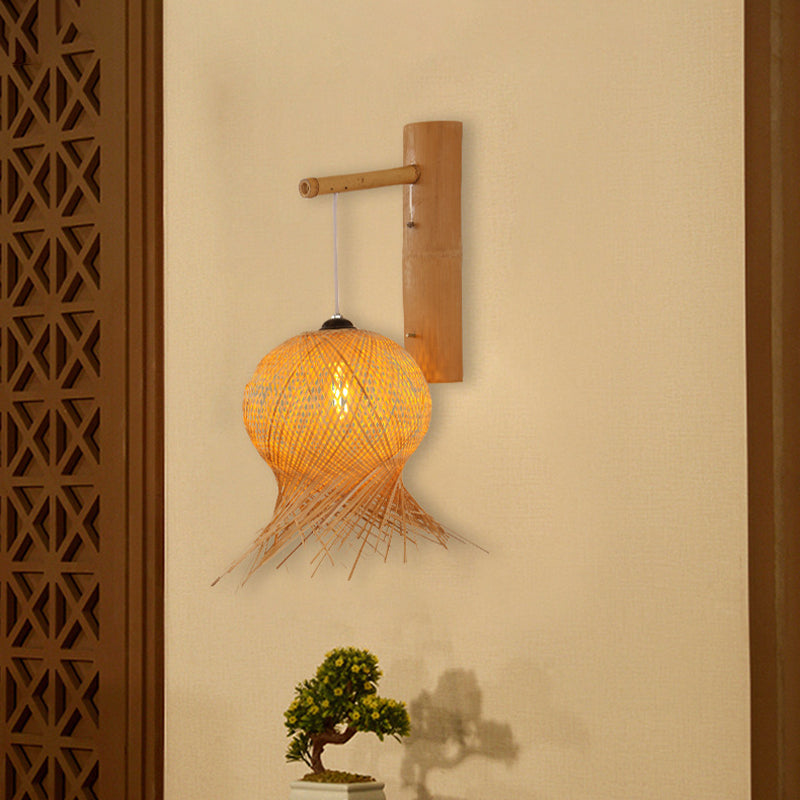 Lantern Sconce Light Chinese Bamboo 1 Bulb Wall Mounted Lamp in Flaxen for Teahouse Clearhalo 'Wall Lamps & Sconces' 'Wall Lights' Lighting' 380865