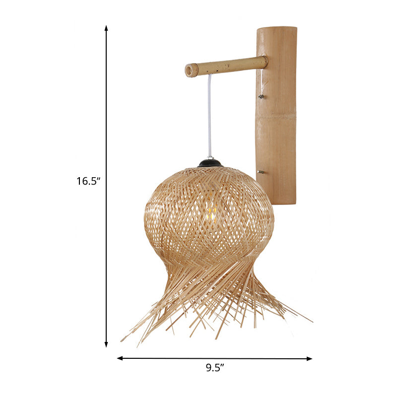 Lantern Sconce Light Chinese Bamboo 1 Bulb Wall Mounted Lamp in Flaxen for Teahouse Clearhalo 'Wall Lamps & Sconces' 'Wall Lights' Lighting' 380867